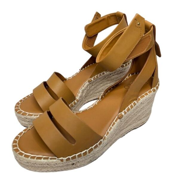 Franco Sarto Leather Sandals Womens‎ Size 9.5 Brown Wedges Open Toe Ankle Strap - Picture 1 of 10